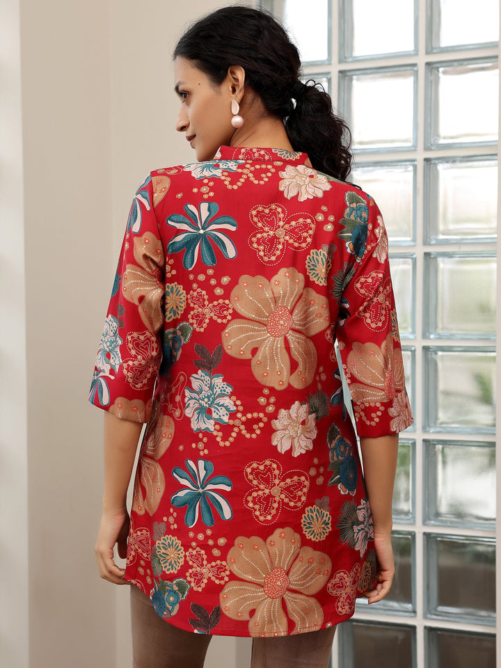 Pink Printed Silk Blend Straight Kurti