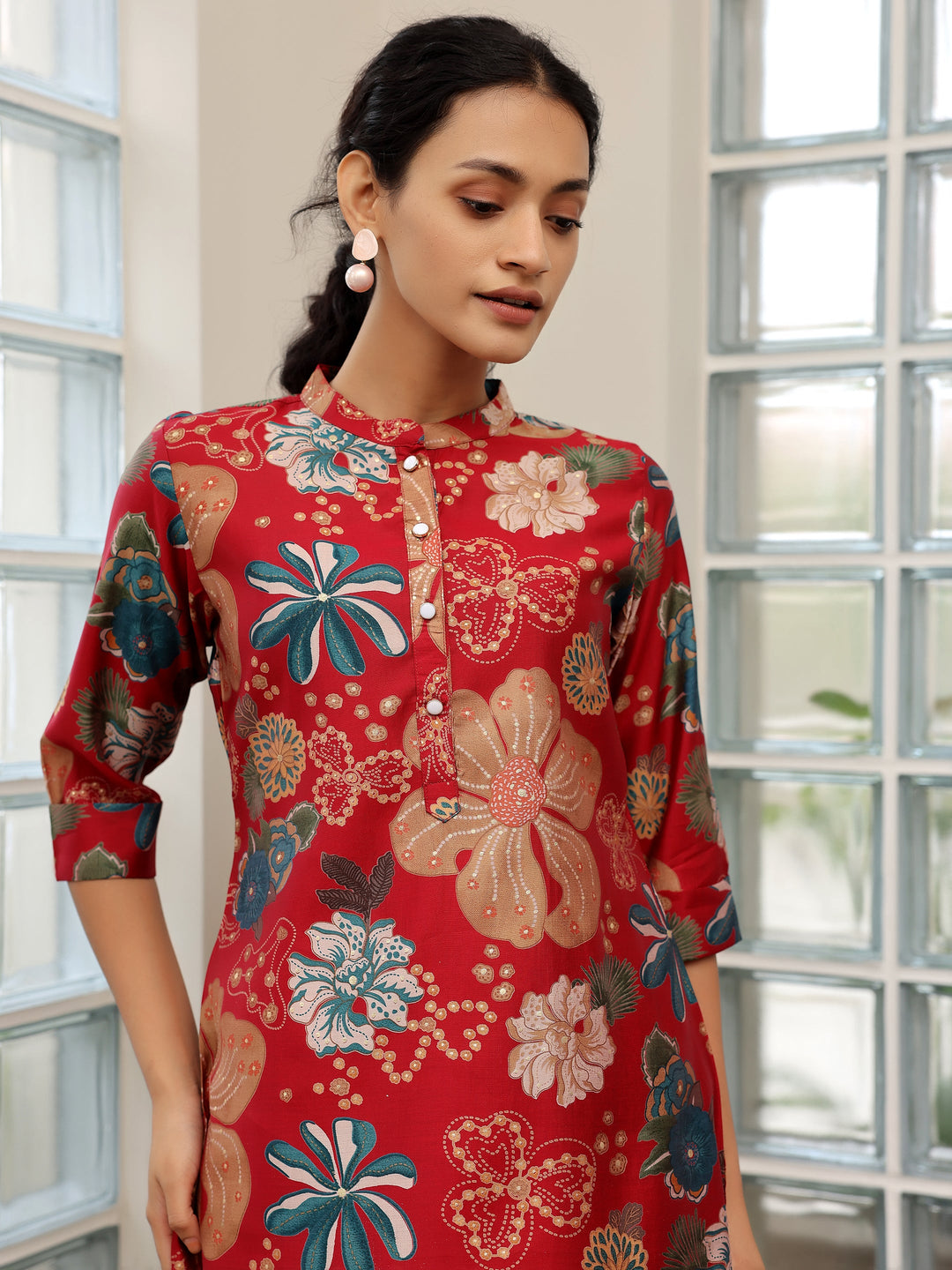 Pink Printed Silk Blend Straight Kurti