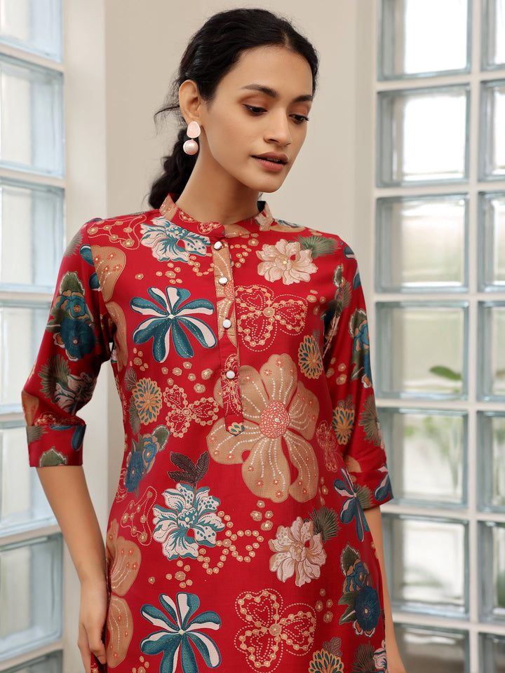 Pink Printed Silk Blend Straight Kurti