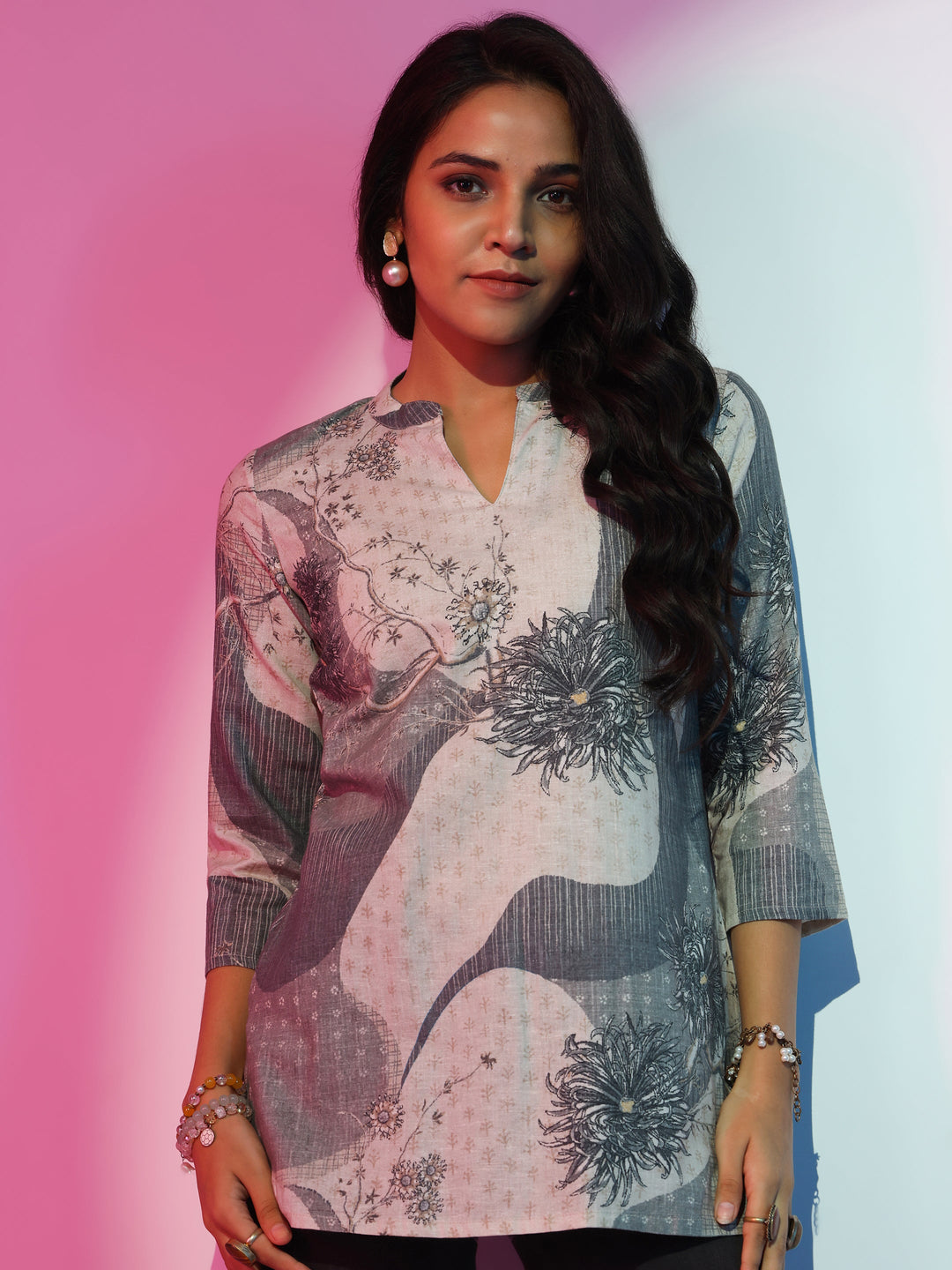 Off White Printed Linen Straight Kurti