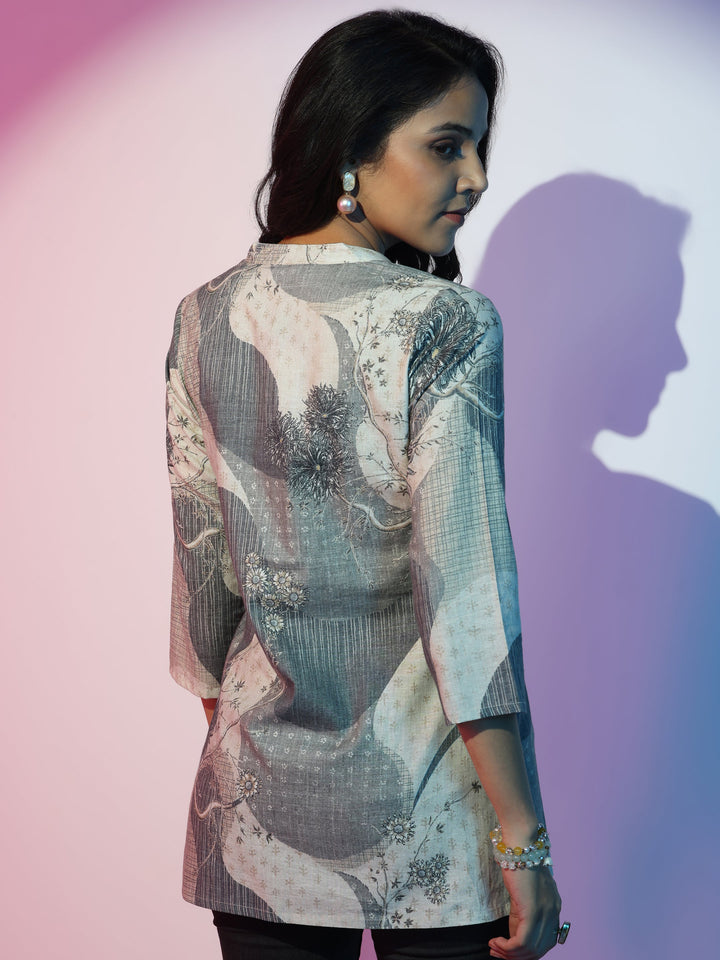 Off White Printed Linen Straight Kurti