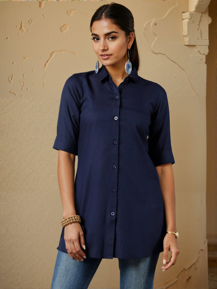 Navy Blue Solid Rayon A-Line Kurti