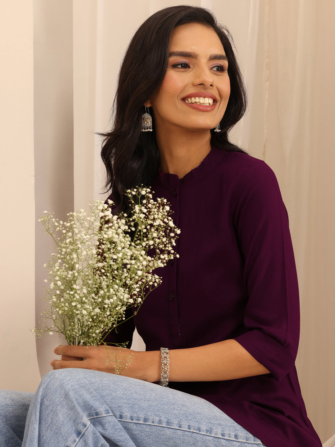 Wine Solid Rayon Straight Tunic