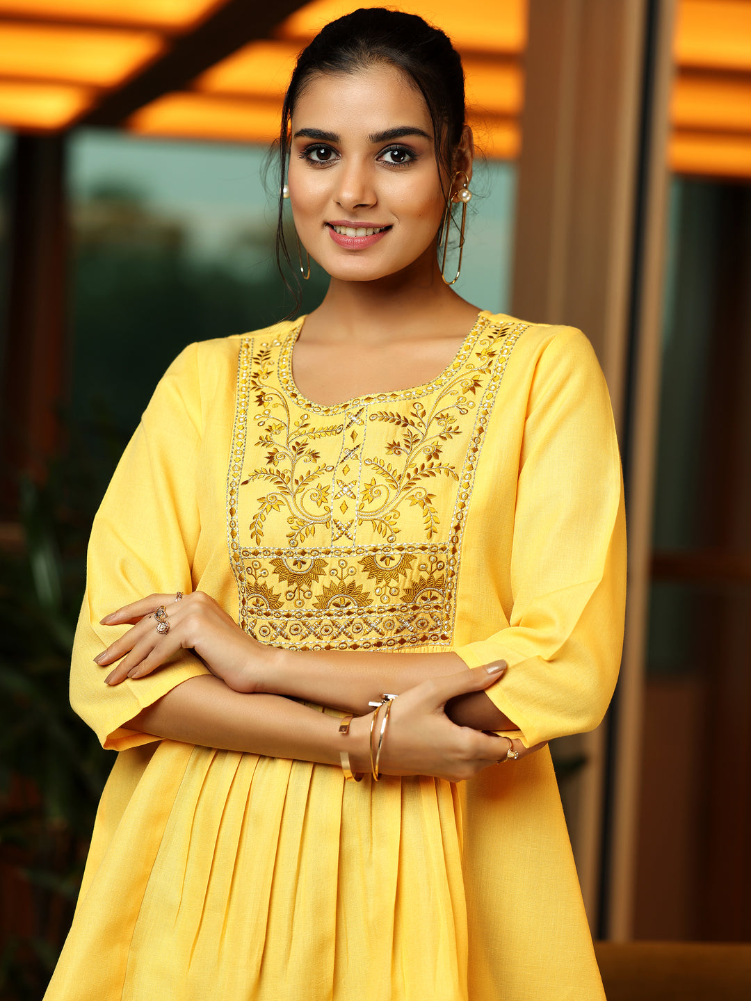Yellow Yoke Design Cotton Blend A-Line Kurti