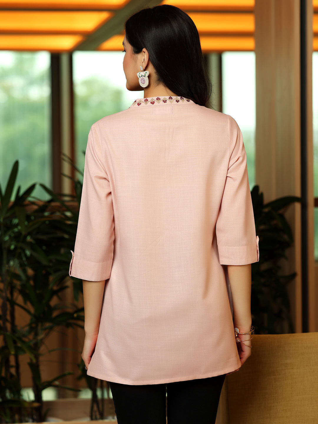 Pink Solid Cotton Blend Straight Kurti