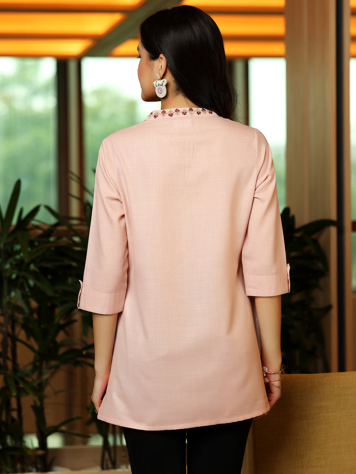 Pink Solid Cotton Blend Straight Kurti