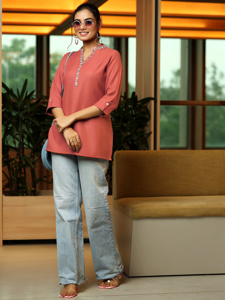 Rust Solid Cotton Blend Straight Kurti