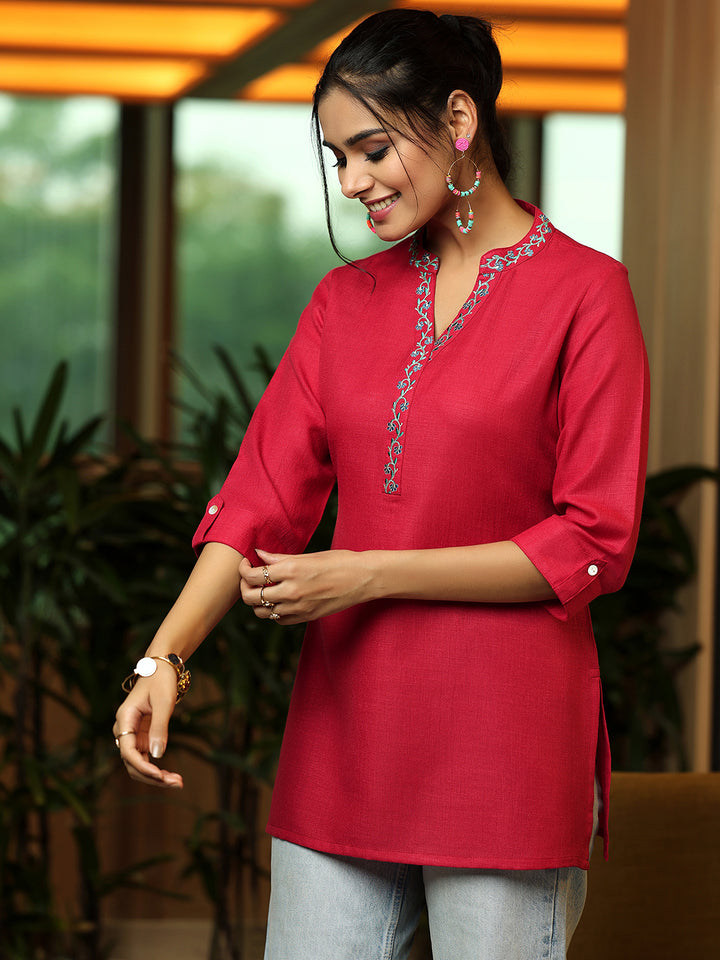 Pink Solid Cotton Blend Straight Kurti