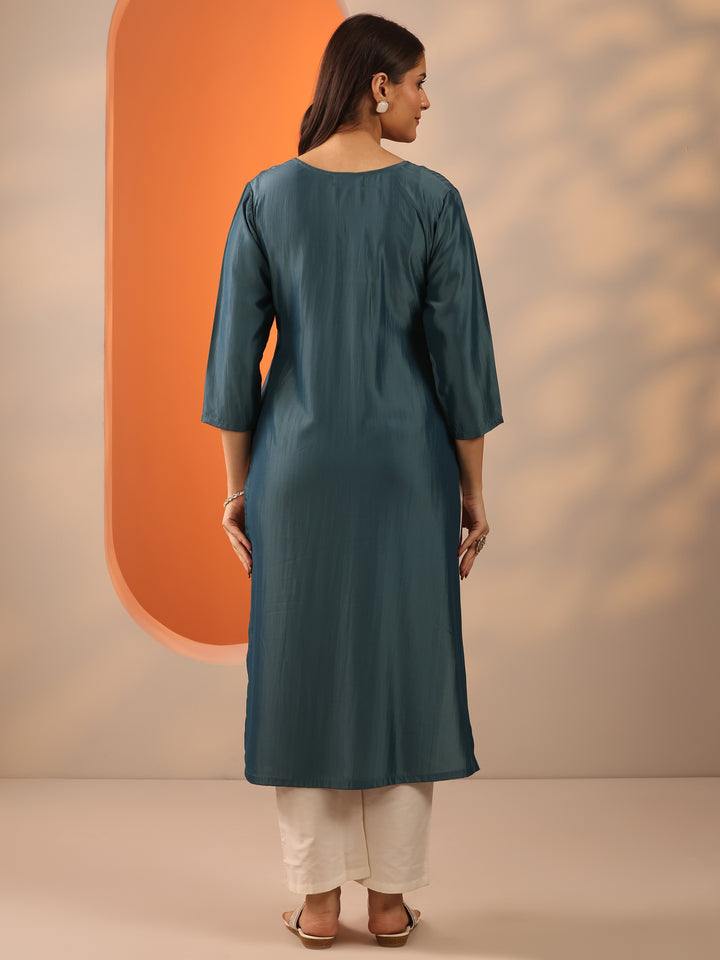 Grey Embroidered Silk Blend Straight Kurta