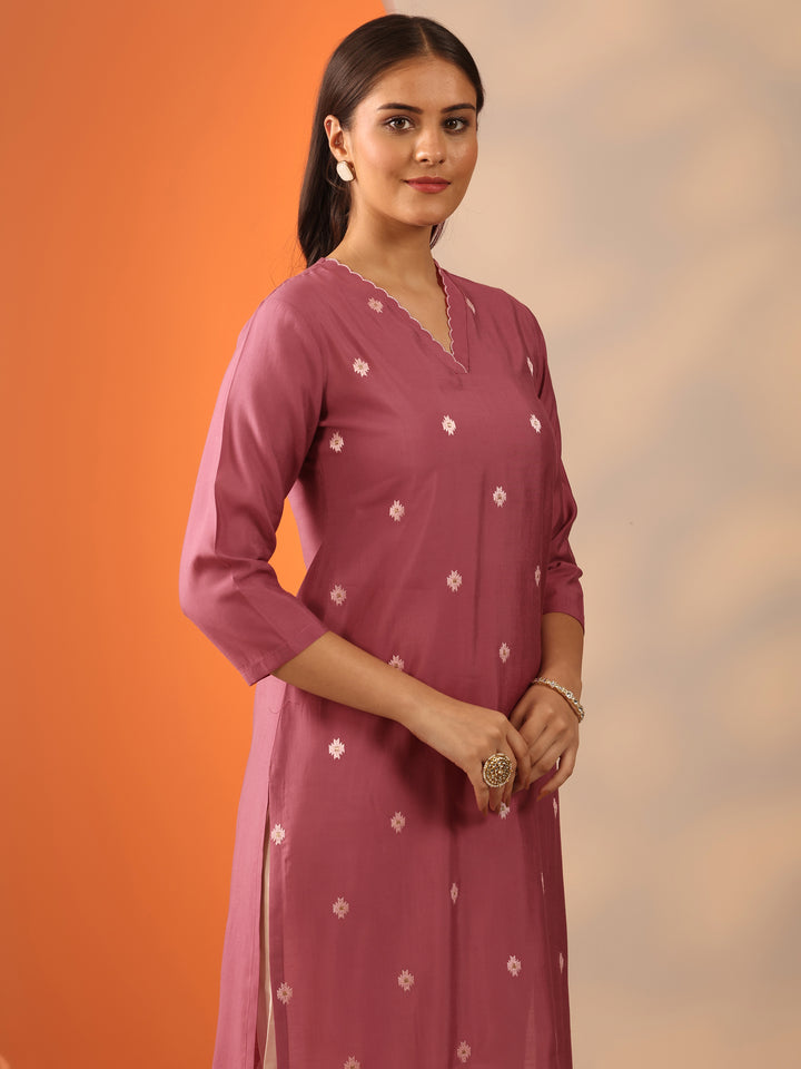 Mauve Embroidered Silk Blend Straight Kurta