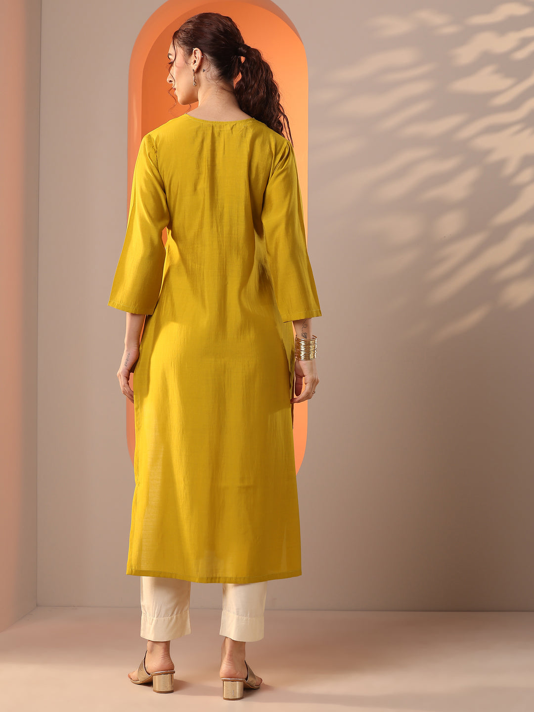 Yellow Embroidered Silk Blend Straight Kurta