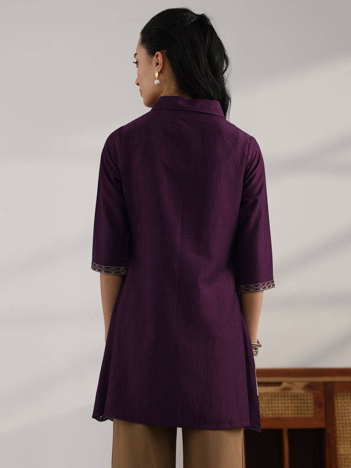 Burgundy Embroidered Silk Blend Straight Short Kurti