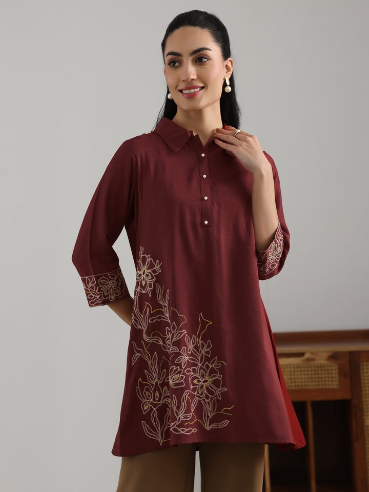 Maroon Embroidered Silk Blend Straight Short Kurti