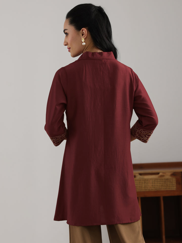 Maroon Embroidered Silk Blend Straight Short Kurti