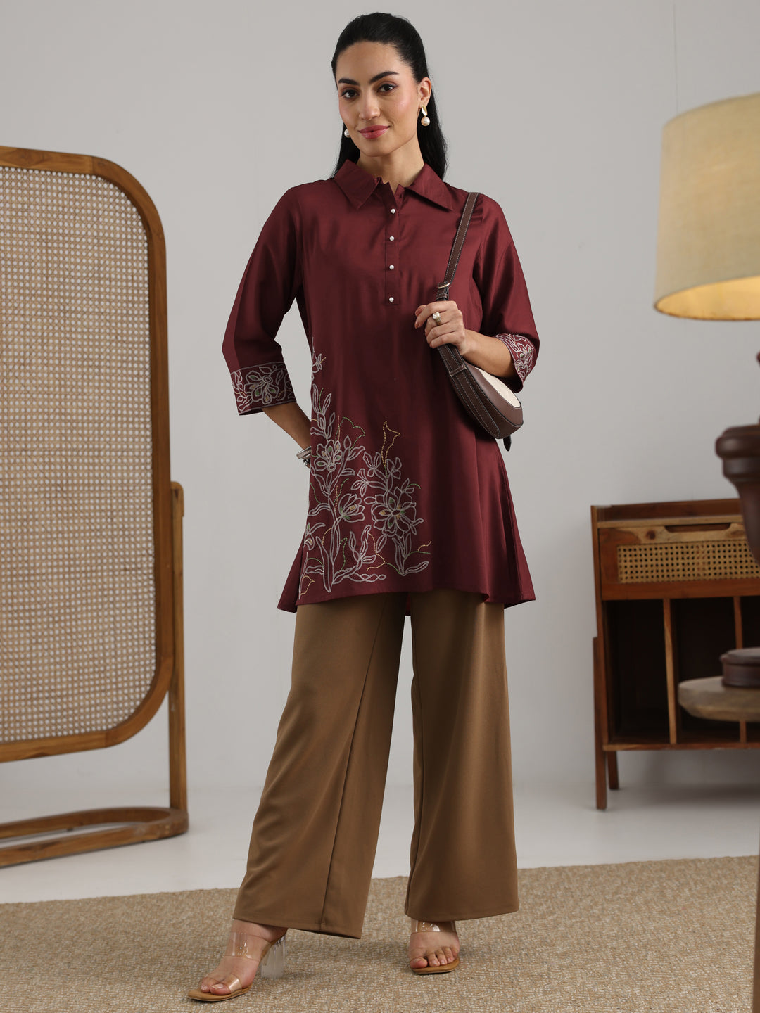 Maroon Embroidered Silk Blend Straight Short Kurti