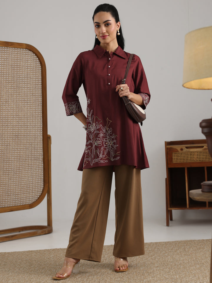 Maroon Embroidered Silk Blend Straight Short Kurti
