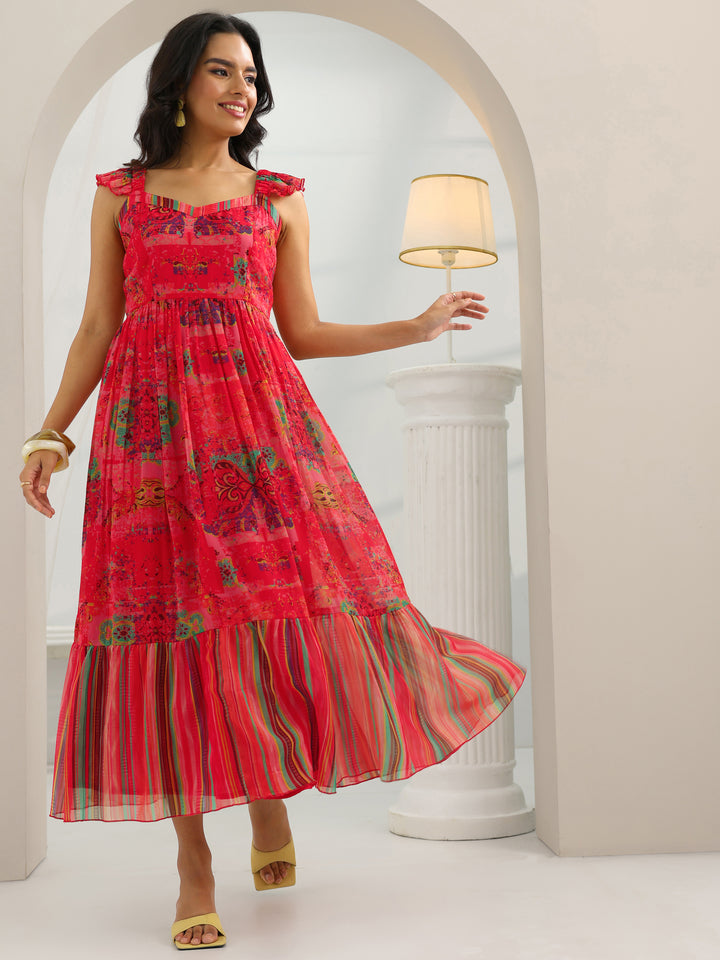 Coral Printed Chiffon Fit And Flare One Piece Dress