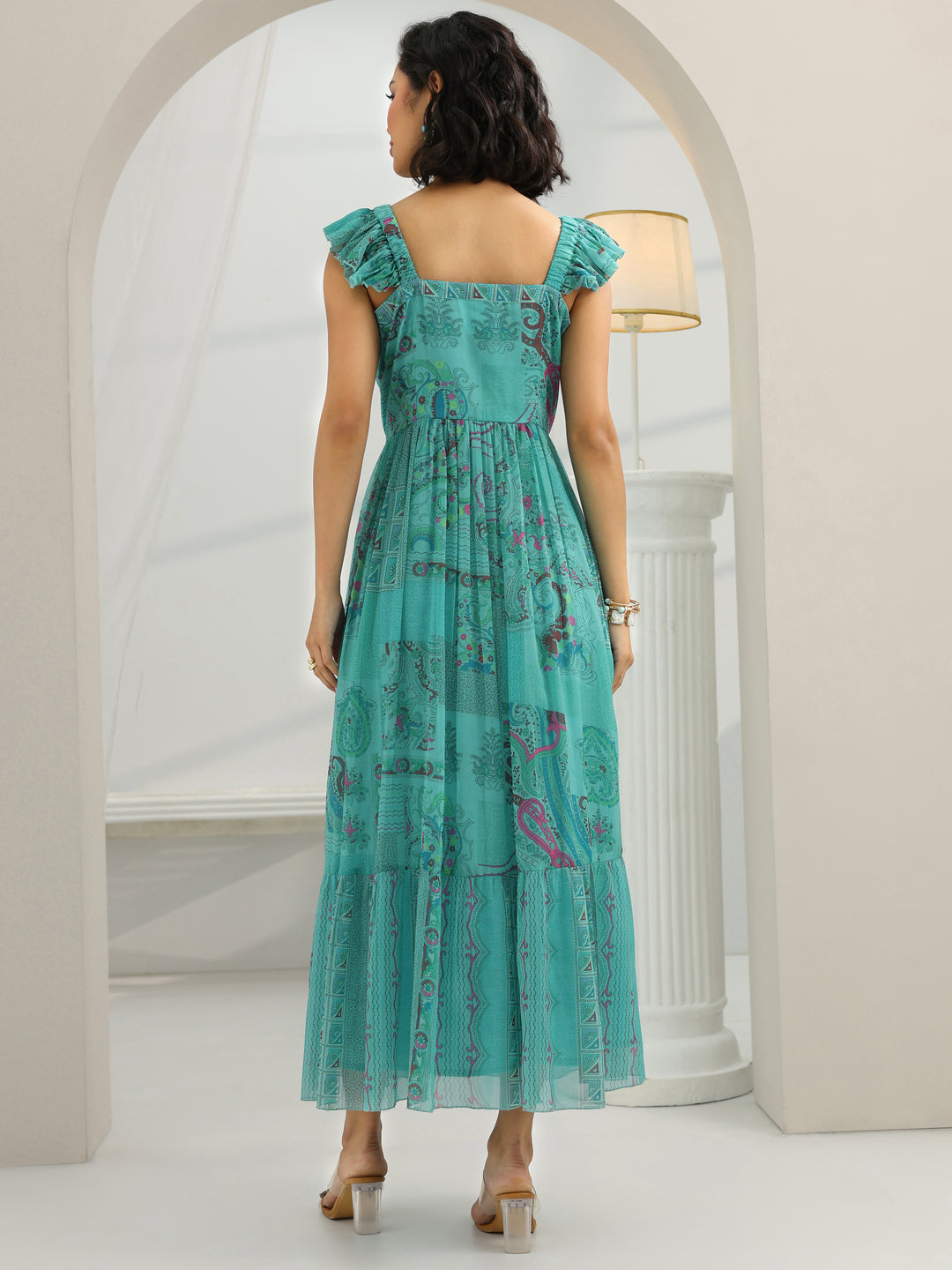 Blue Printed Chiffon Fit And Flare One Piece Dress