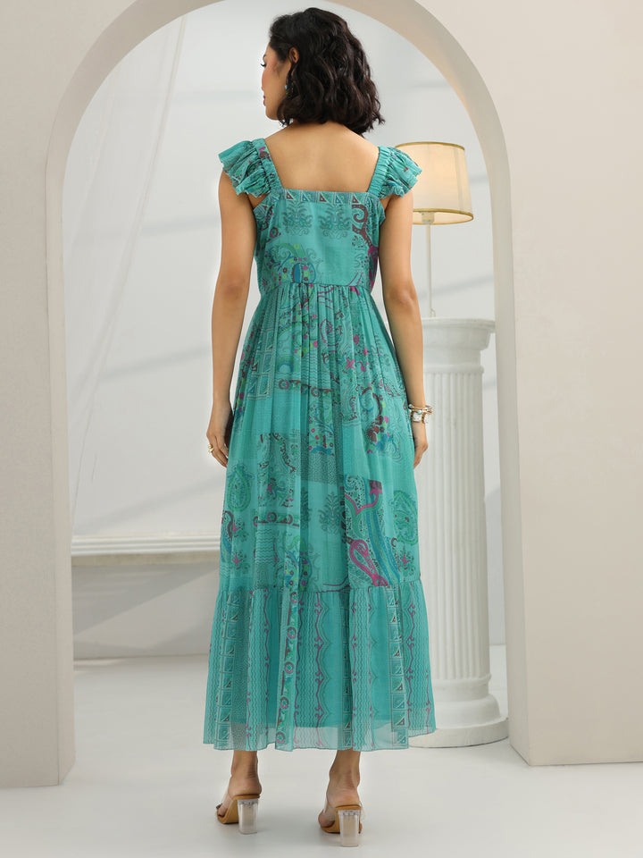 Blue Printed Chiffon Fit And Flare One Piece Dress