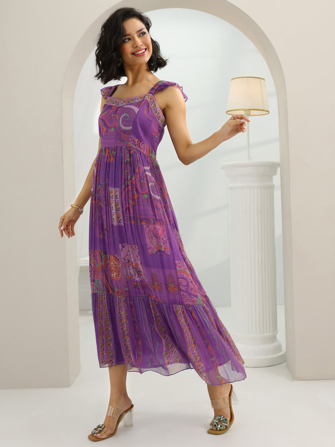 Purple Printed Chiffon Fit And Flare One Piece Dress
