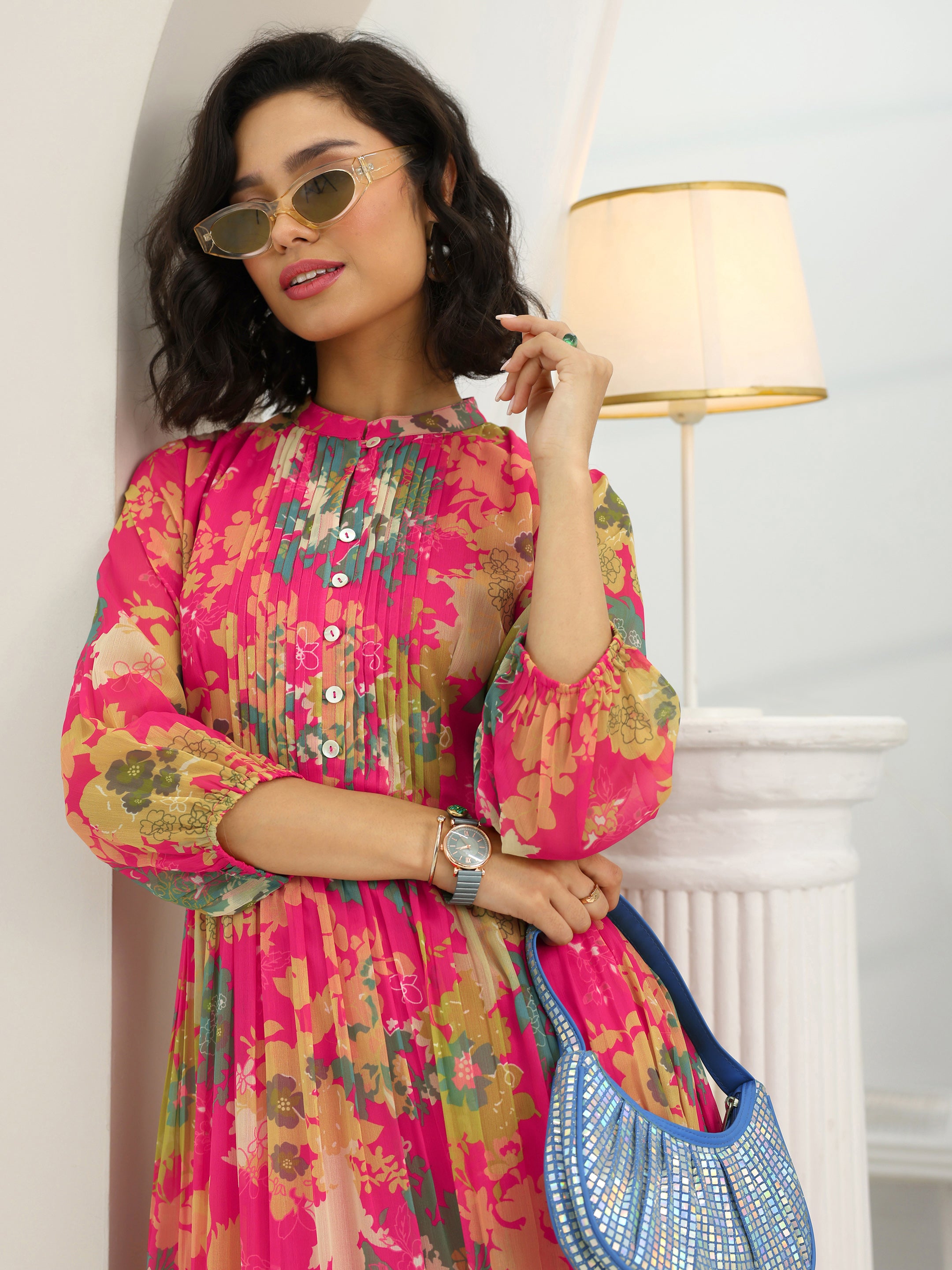 Buy Pink Printed Chiffon Fit And Flare One Piece Dress