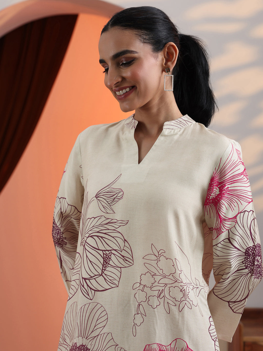 Off White Printed Silk Blend Straight Short Kurti