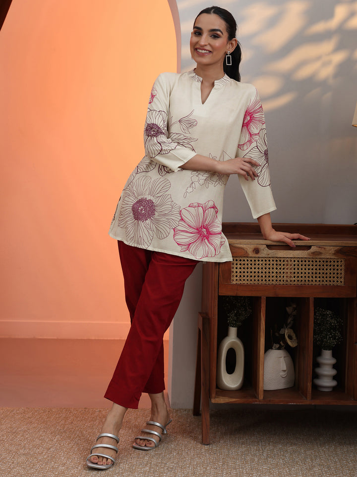 Off White Printed Silk Blend Straight Short Kurti