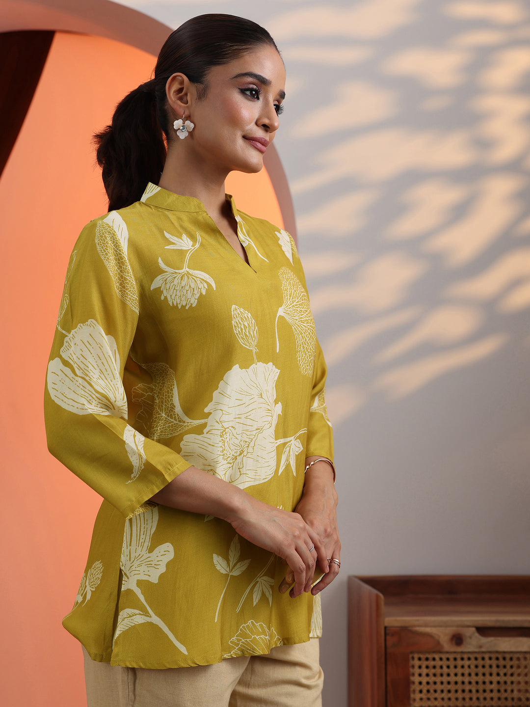 Mustard Floral Silk Blend Straight Short Kurti