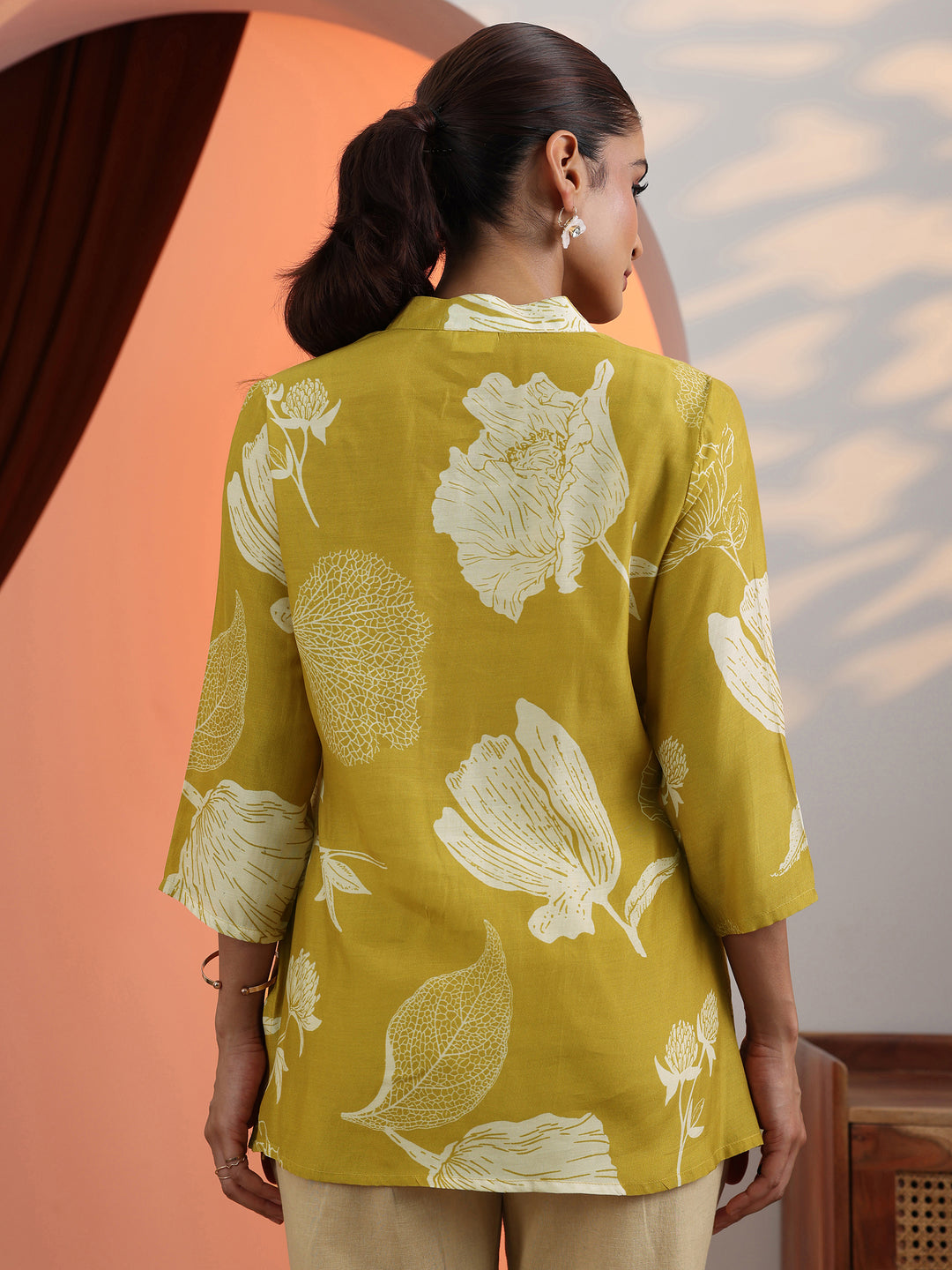Mustard Floral Silk Blend Straight Short Kurti