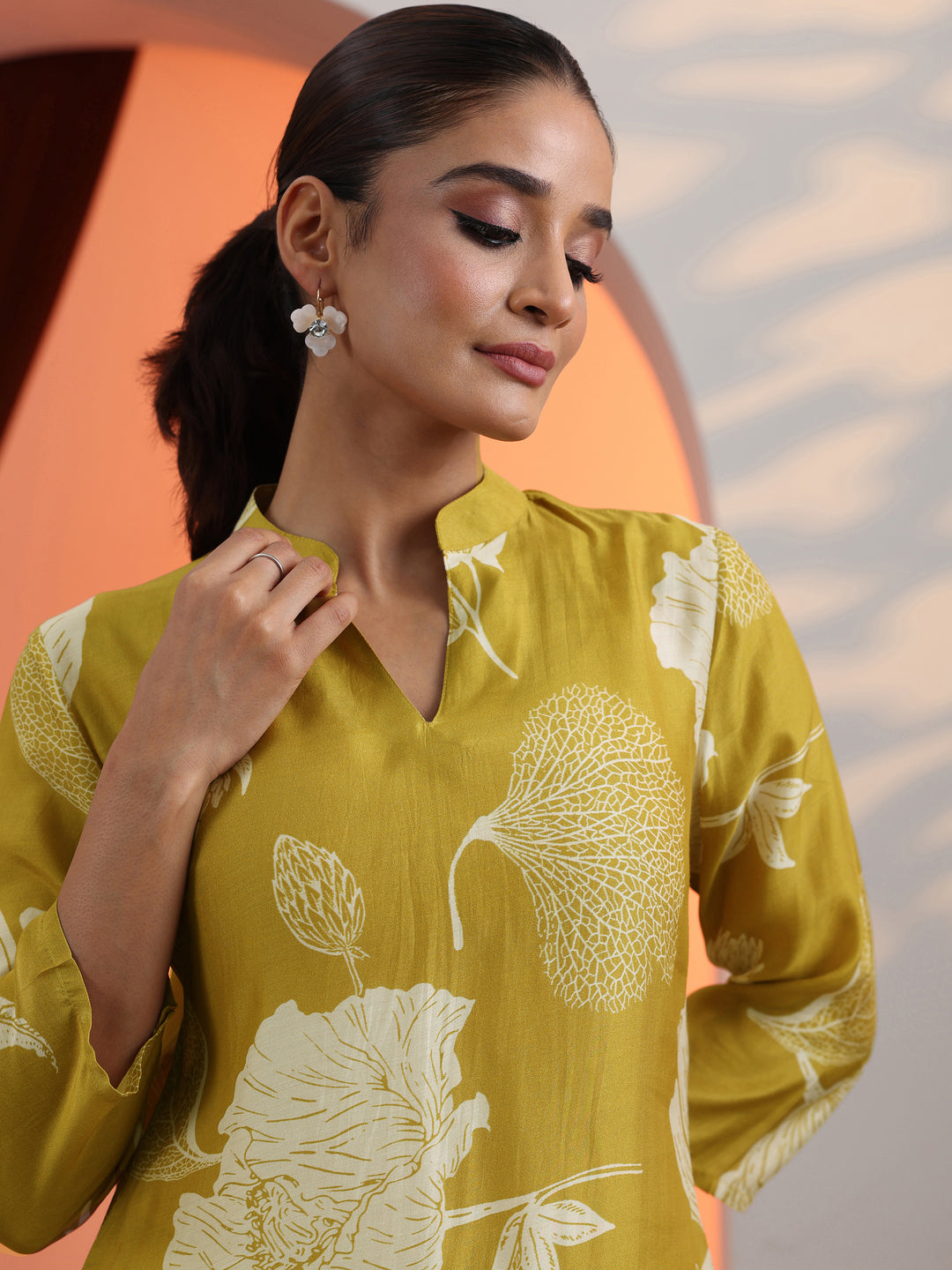 Mustard Floral Silk Blend Straight Short Kurti