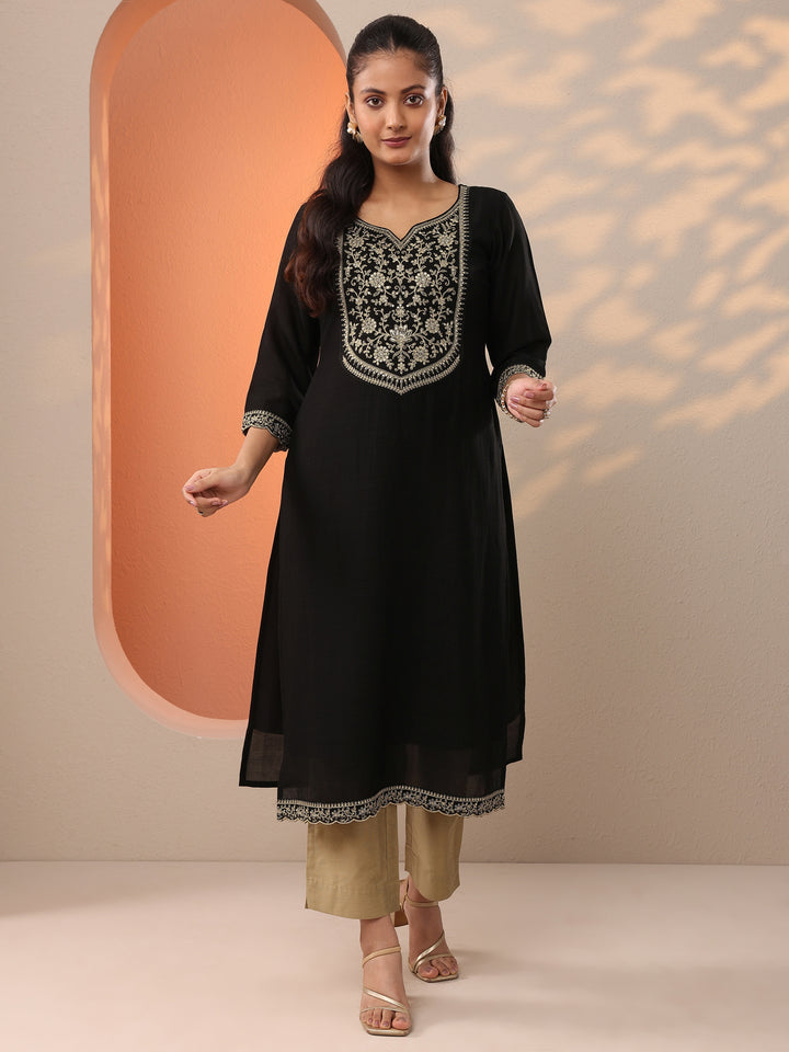 Black Embroidered Silk Blend Straight Kurta