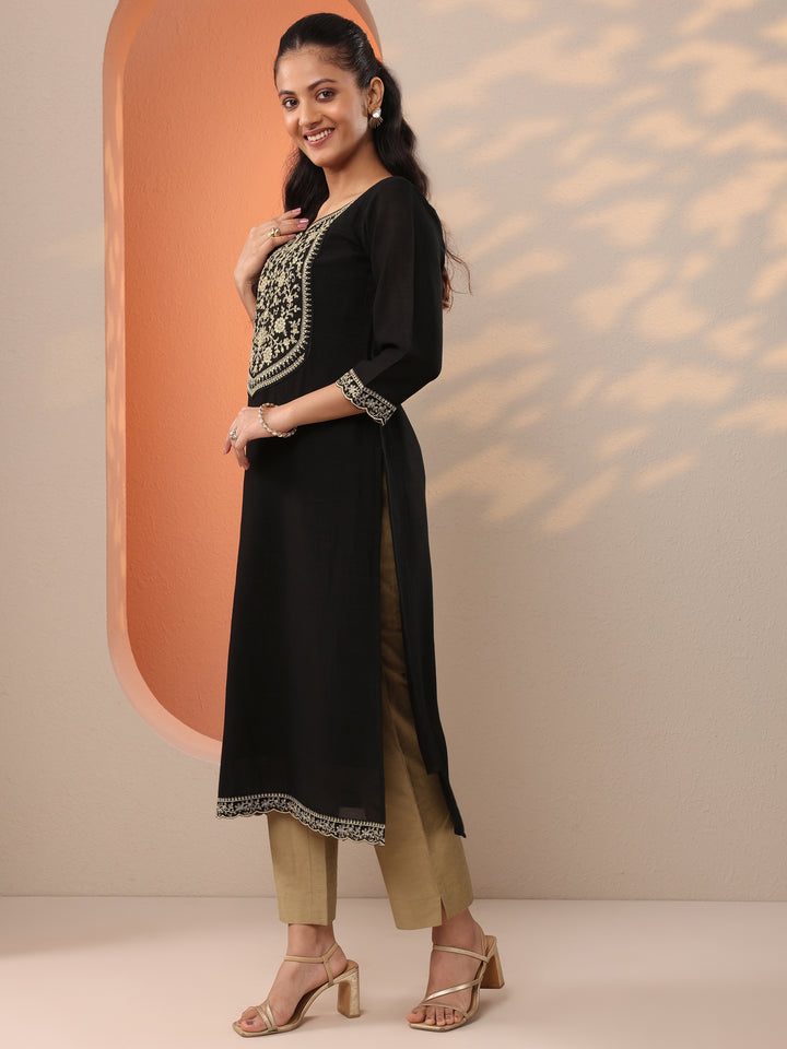 Black Embroidered Silk Blend Straight Kurta