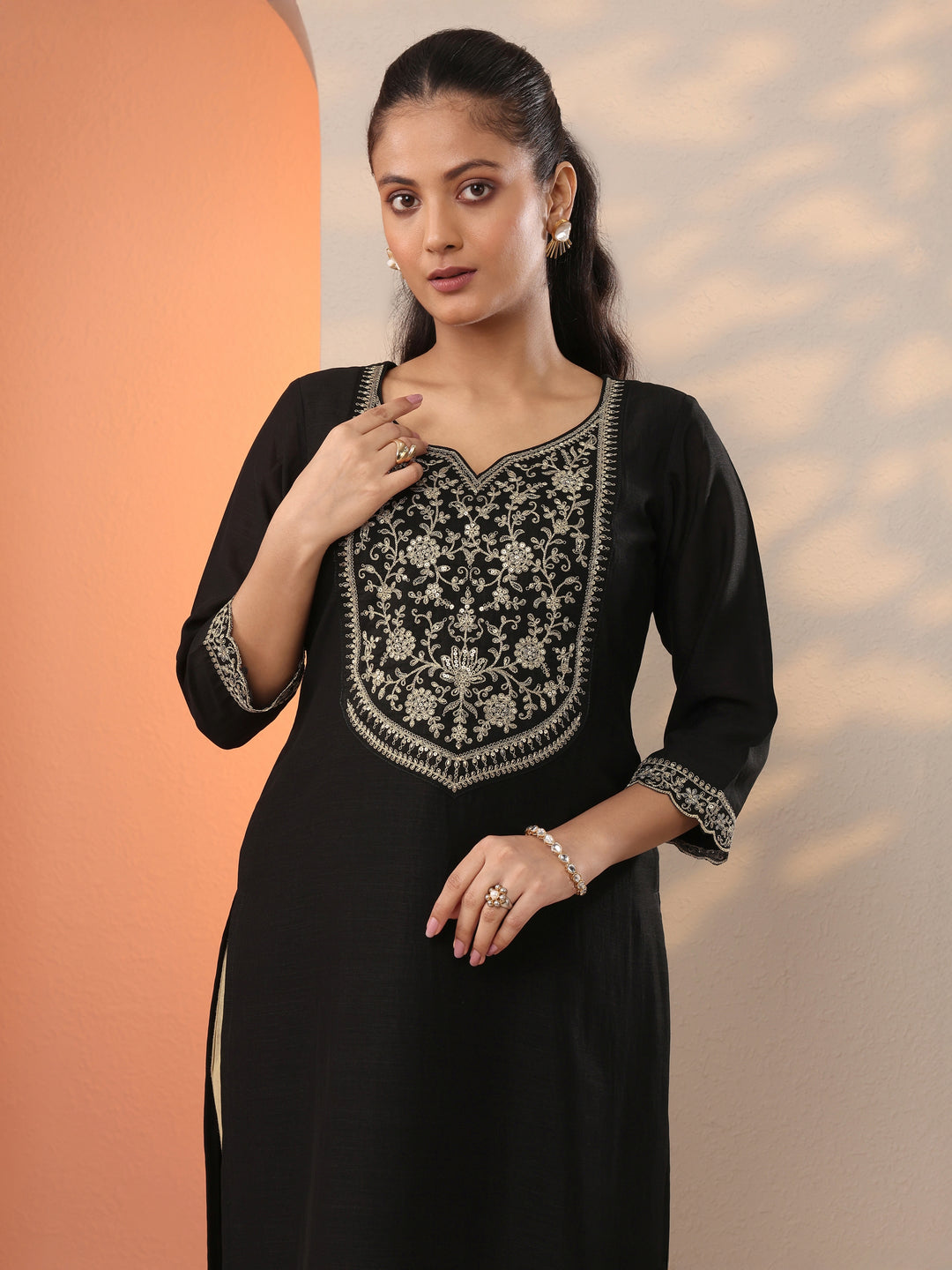 Black Embroidered Silk Blend Straight Kurta