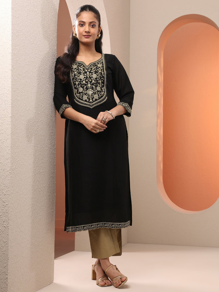 Black Embroidered Silk Blend Straight Kurta