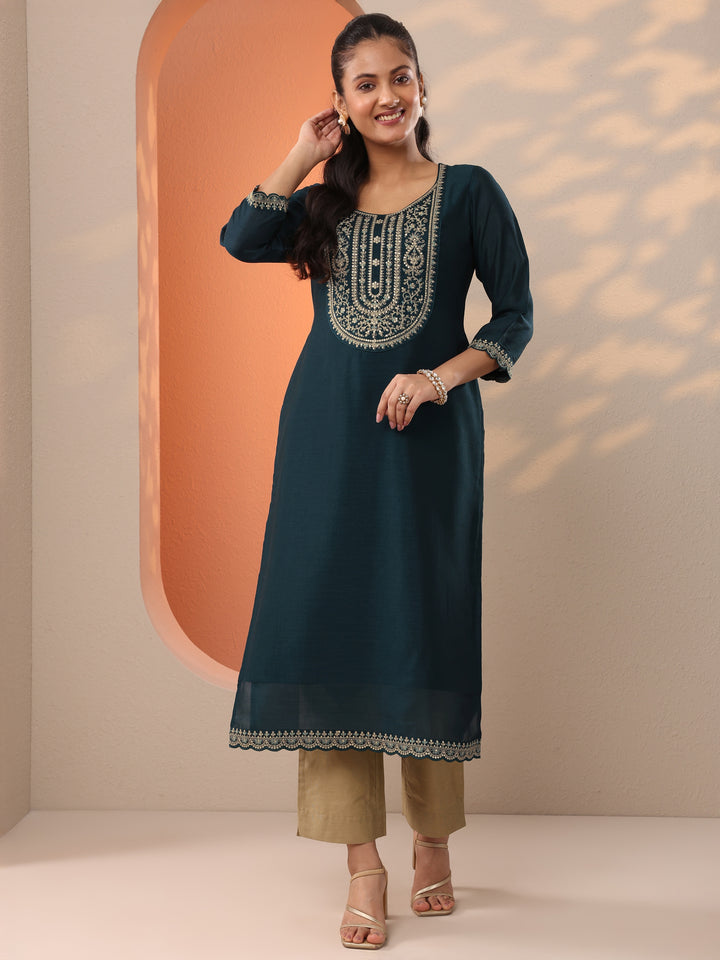 Teal Embroidered Silk Blend Straight Kurta