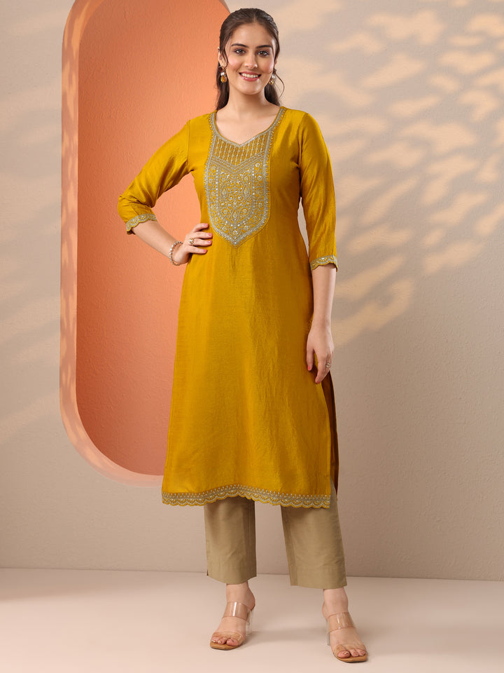Mustard Embroidered Silk Blend Straight Kurta