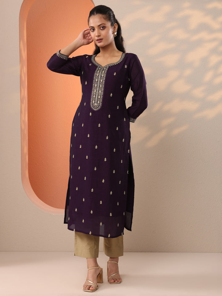 Purple Embroidered Silk Blend Straight Kurta