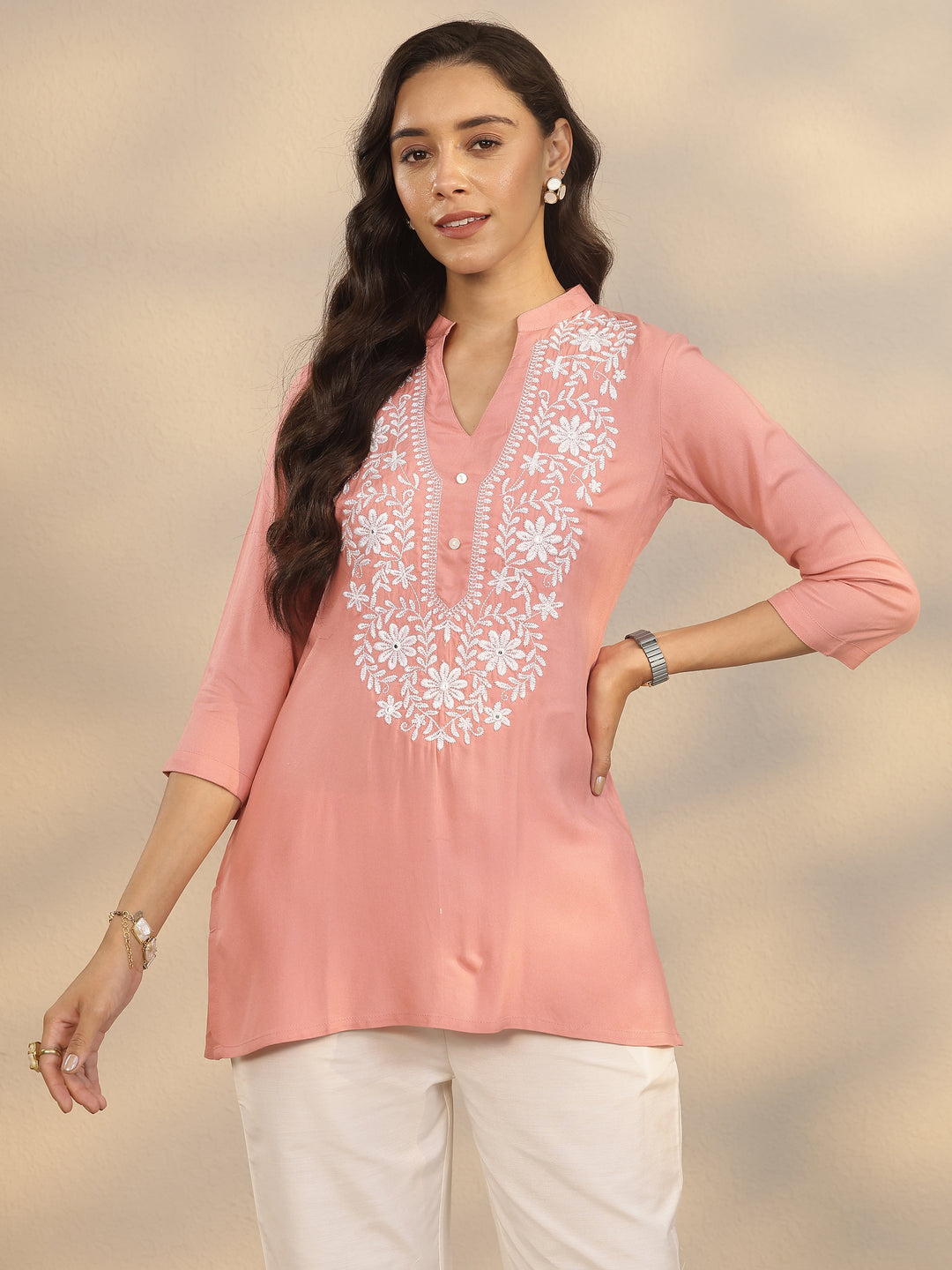 Peach Yoke Design Rayon Straight Short Kurti