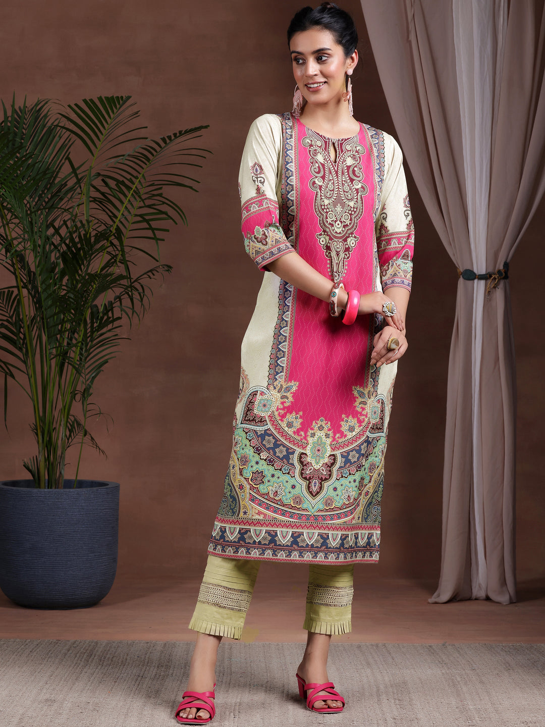 Beige Printed Crepe Straight Kurta