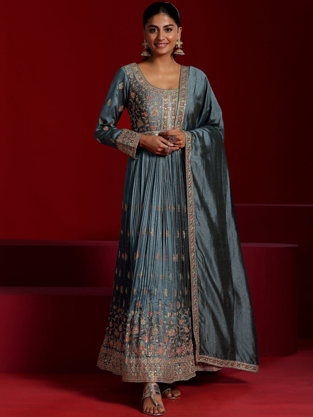 Libas Art Blue Embroidered Silk Blend A-Line Kurta With Trousers & Dupatta