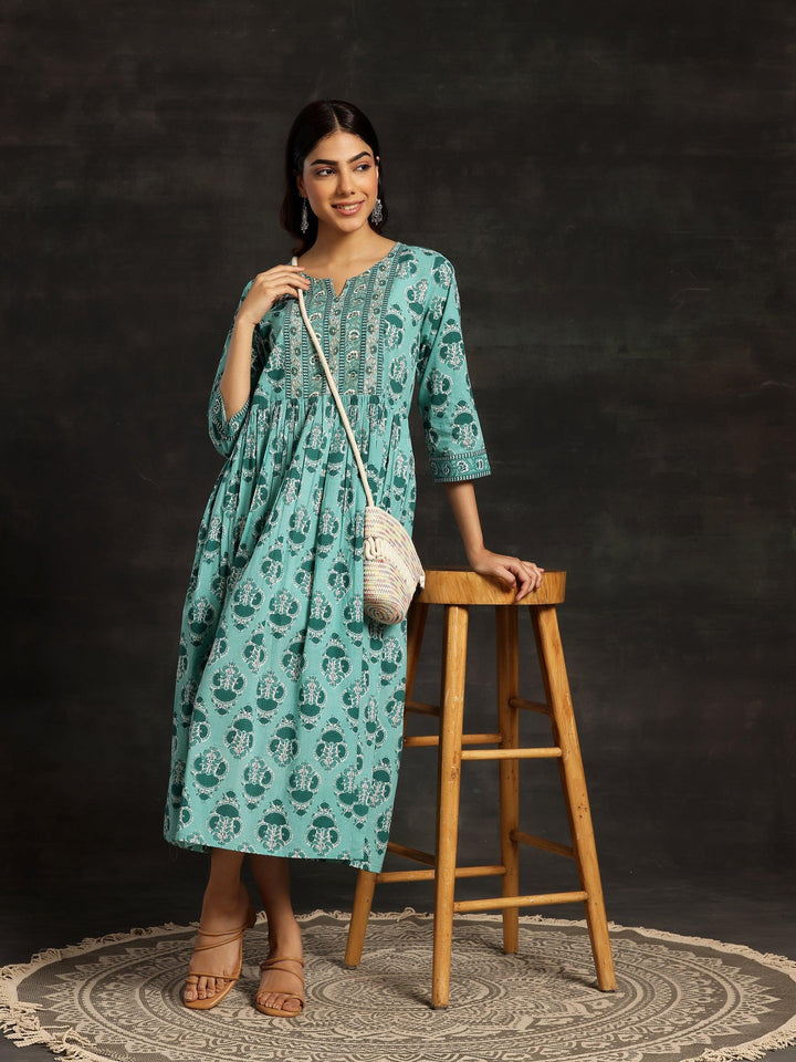 Sea Green Printed Cotton Fit and Flare Dress