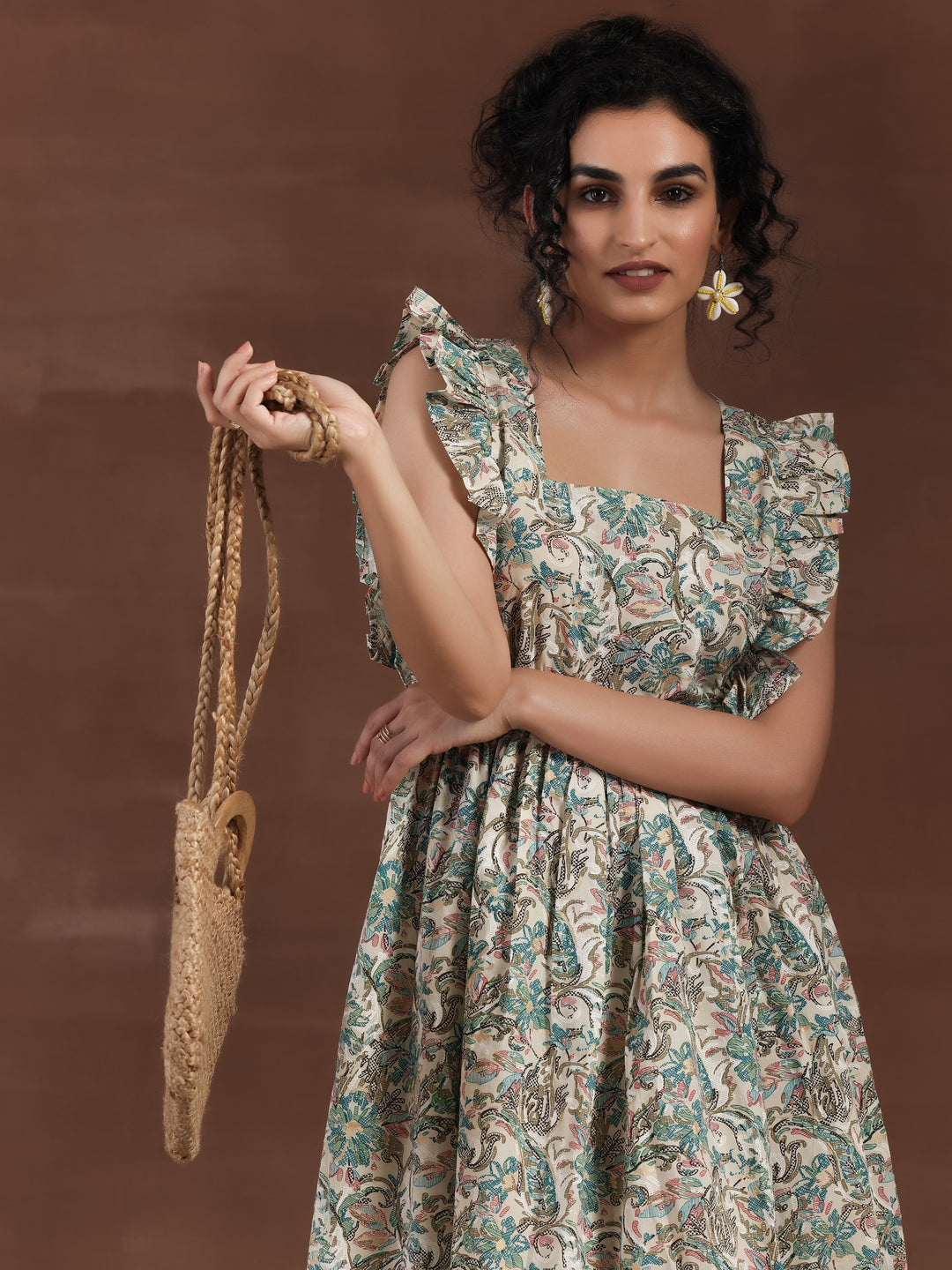 White Printed Cotton Fit and Flare Dress