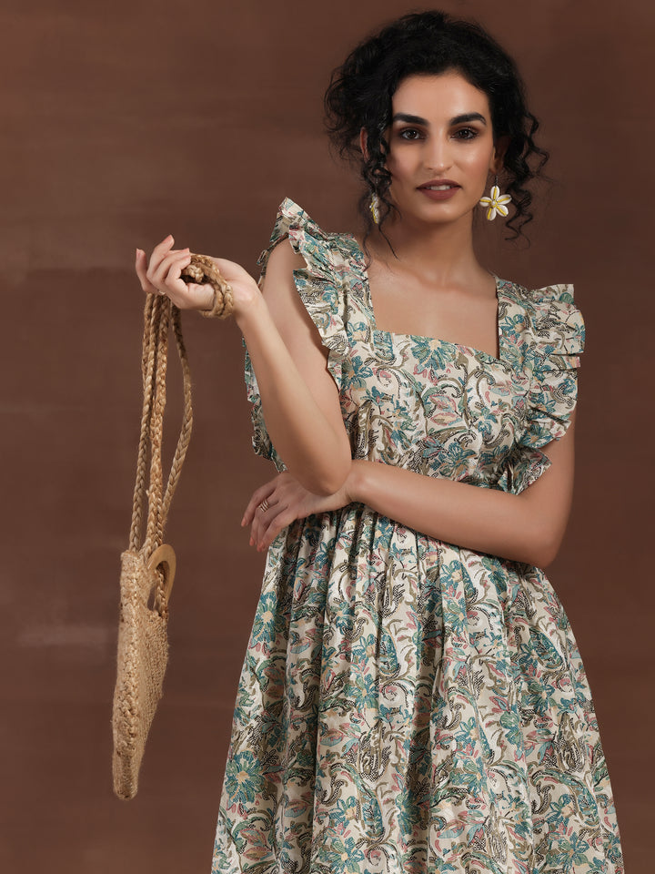 White Printed Cotton Fit and Flare Dress