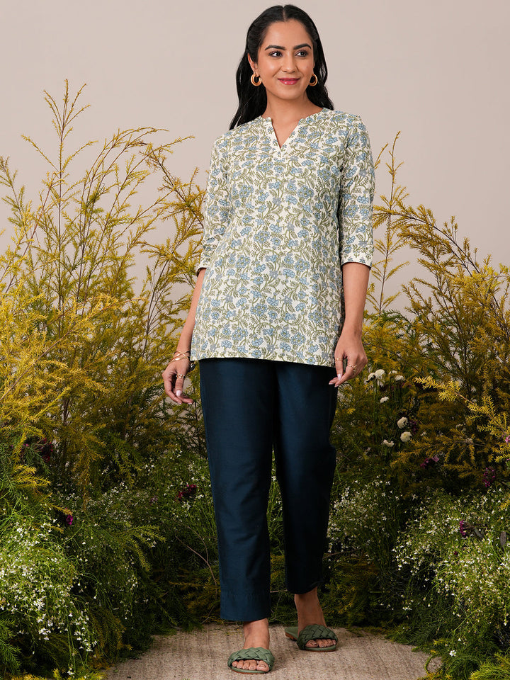 Off White Printed Cotton Straight Kurti