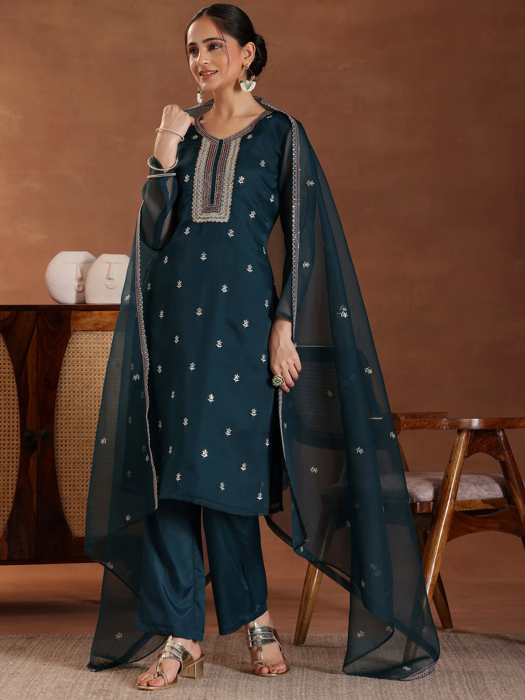 Green Embroidered Organza Straight Suit With Dupatta