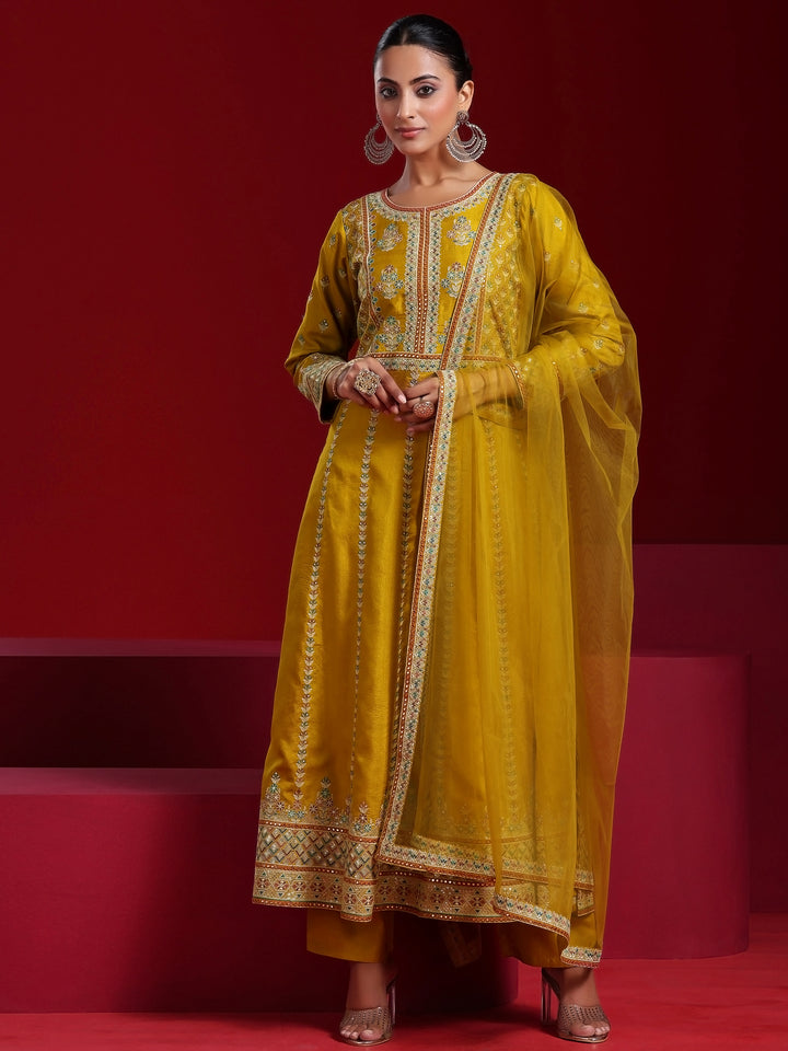 Libas Art Mustard Embroidered Silk Blend A-Line Kurta With Sharara & Dupatta