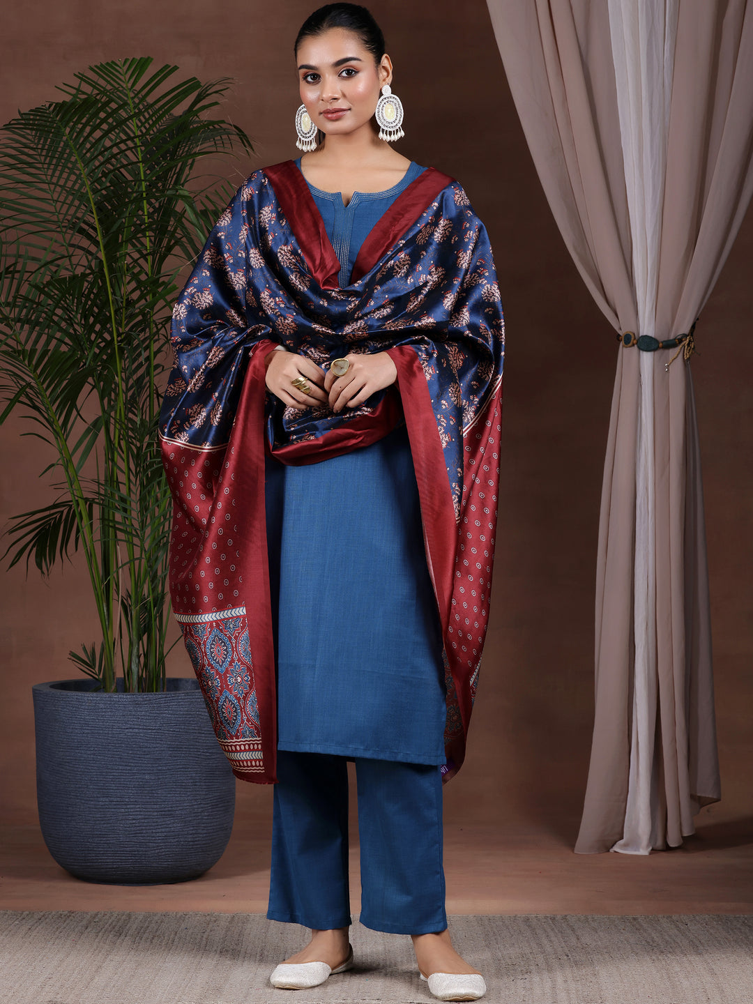 Navy Blue Solid Cotton Blend Straight Suit With Dupatta