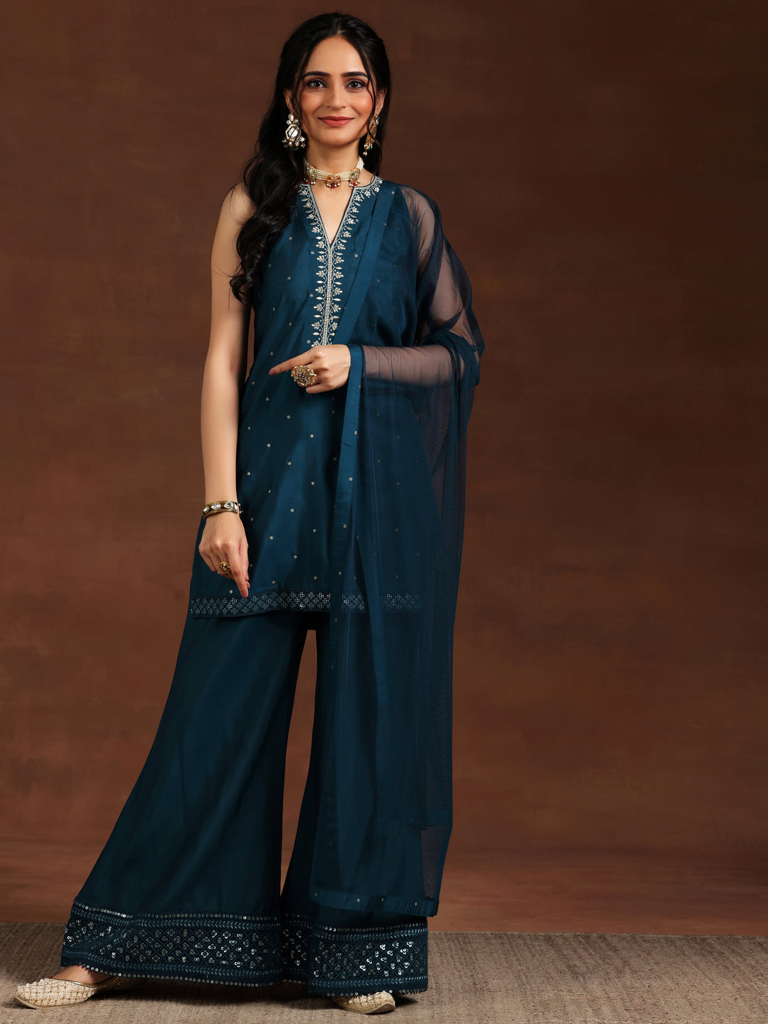 Blue Embroidered Silk Blend Straight Suit With Dupatta