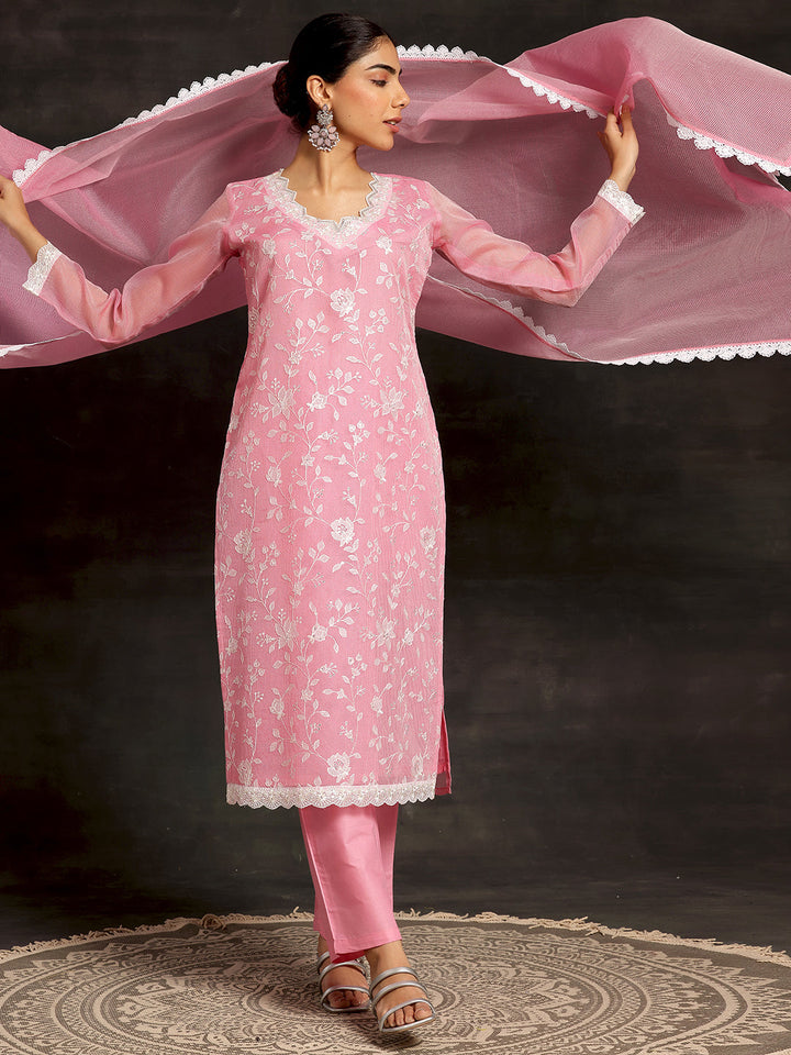 Pink Embroidered Cotton Straight Suit With Dupatta