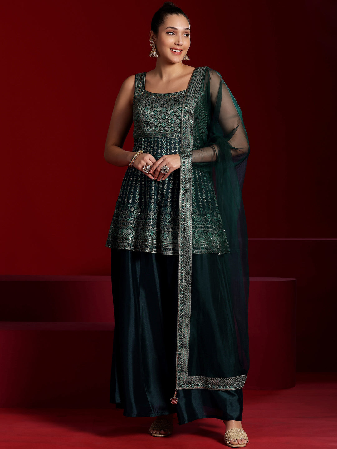 Libas Art Blue Embroidered Silk Blend A-Line Kurta With Palazzos & Dupatta